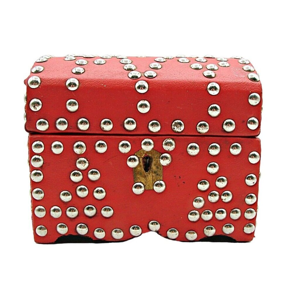 Red Leather Silver Stud Jewelry Trinket Trunk Box 6" Fashion Storage Box No Key